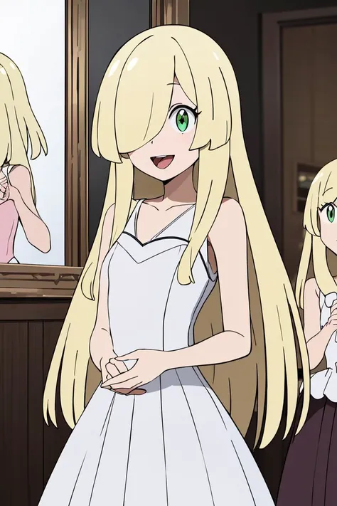 <lora:Alola_Style:0.6>, ((masterpiece,best quality)), absurdres, 
1girl, solo, long hair, smile, open mouth, blonde hair, dress, very long hair, green eyes, :d, sleeveless, tongue, indoors, white dress, hair over one eye, bare arms, sleeveless dress, own hands together, mirror, own hands clasped, mother and daughter, diamond (shape)