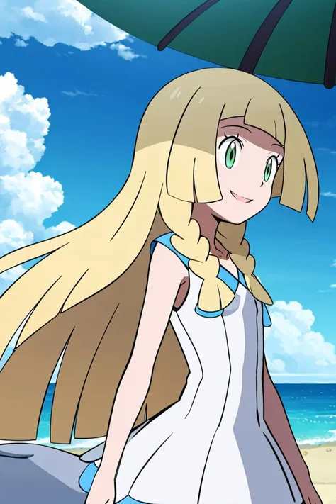 <lora:Alola_Style:0.65>, masterpiece, best quality, highres, aalillie, long hair, braid, white headwear, collarbone, sleeveless dress, white dress, <lora:lillie_(pokemon)_v1:0.7>, smile, outdoors, tropical beach, side view, floating hair,