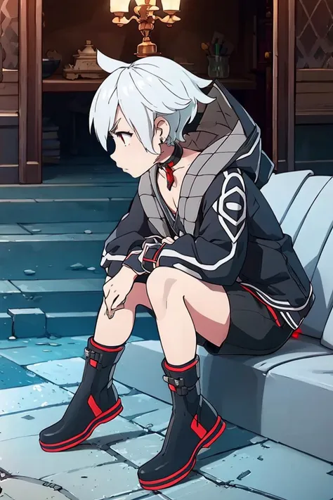 <lora:Alola_Style:0.65>, (best quality, masterpiece:1.5), (1boy, solo:1.1), <lora:e7Haste-07:.8>, hooded_jacket, choker, boots, shorts, white hair, short hair, profile, sitting down, serious, red jewelry