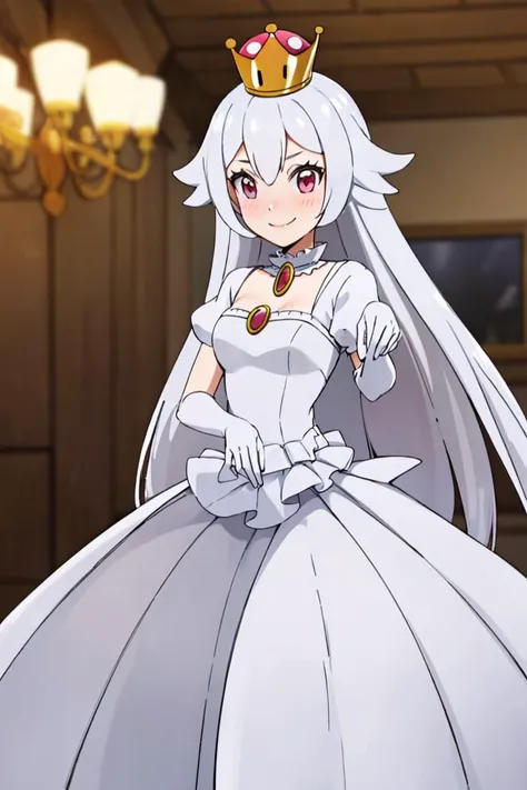 <lora:Alola_Style:0.65>, ((masterpiece,best quality)), absurdres, <lora:Boosette_Mario_Anime:0.9>, Boosette_Mario, 1girl, long hair, white hair, long white dress, ballroom dress, white gloves,  solo, smiling, blushing, looking at viewer, cowboy shot,