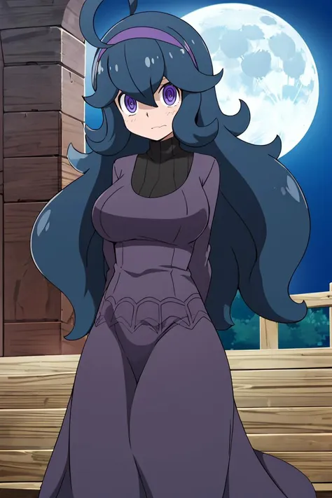 <lora:Alola_Style:0.65>, masterpiece, best quality, highres, aahex, hex maniac \(pokemon\), long hair, ahoge, purple hairband, purple eyes, @_@, large breasts, long dress, black dress, long sleeves, <lora:hex_maniac_v1:0.7>, arms behind back, outdoors, full moon,