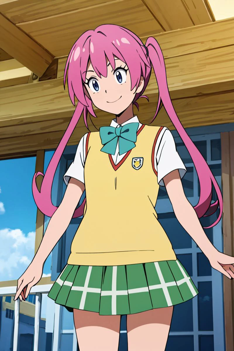 <lora:Alola_Style:0.65>,
((masterpiece,best quality)), absurdres, smile, cowboy shot,
<lora:nana_asta_deviluke_v1:0.7>,
aanana, long hair, twintails, school uniform, green bowtie, white shirt, sweater vest, short sleeves, plaid skirt, green skirt