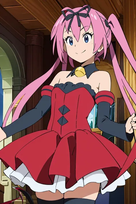 <lora:Alola_Style:0.65>,
((masterpiece,best quality)), absurdres, smile, cowboy shot,
<lora:nana_asta_deviluke_v1:0.8>,
aanana, long hair, twintails, hair ribbon, demon tail, detached collar, bare shoulders, red dress, multicolored clothes, detached sleeves, striped thighhighs