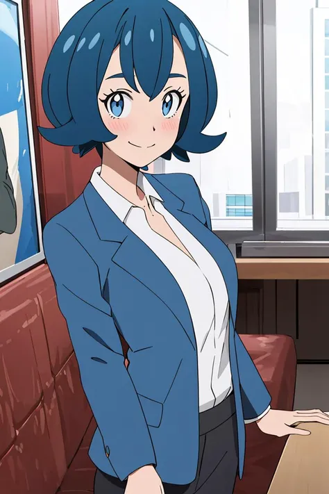 <lora:Alola_Style:0.7>, ((masterpiece,best quality)), absurdres, 1girl, grey blazer, open white shirt, lawyer, smile, blush, looking at viewer,