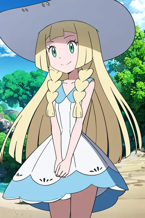 <lora:Alola_Style:0.65>, masterpiece, best quality, highres, aalillie, long hair, braid, sun hat, white headwear, collarbone, sleeveless dress, white dress, <lora:lillie_(pokemon)_v1:0.7>, smile, outdoors, tropical beach, cowboy shot