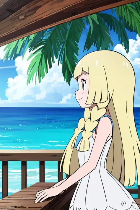 <lora:Alola_Style:0.65>, masterpiece, best quality, highres, aalillie, long hair, braid, white headwear, collarbone, sleeveless dress, white dress, <lora:lillie_(pokemon)_v1:0.7>, smile, outdoors, tropical beach, side view, floating hair,