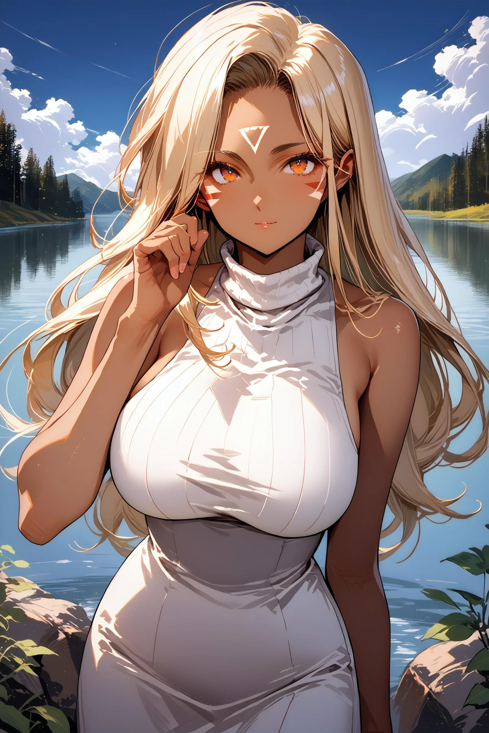 score_9, score_8_up, core_7_up, source_ANIME,
uld, dark-skinned woman, long hair, huge breasts, sharp eyes, hand up, face tattoo
cowboy shot,
white one-piece dress, turtleneck, off shoulder, bare arms, sleeveless,
lake,
<lora:Urd:0.7>, <lora:urushihara-lora04_PonyXL:0.75>, <lora:cnv3mdde878c738thn20:0.6>, <lora:anrakugai_xl4:0.6>
