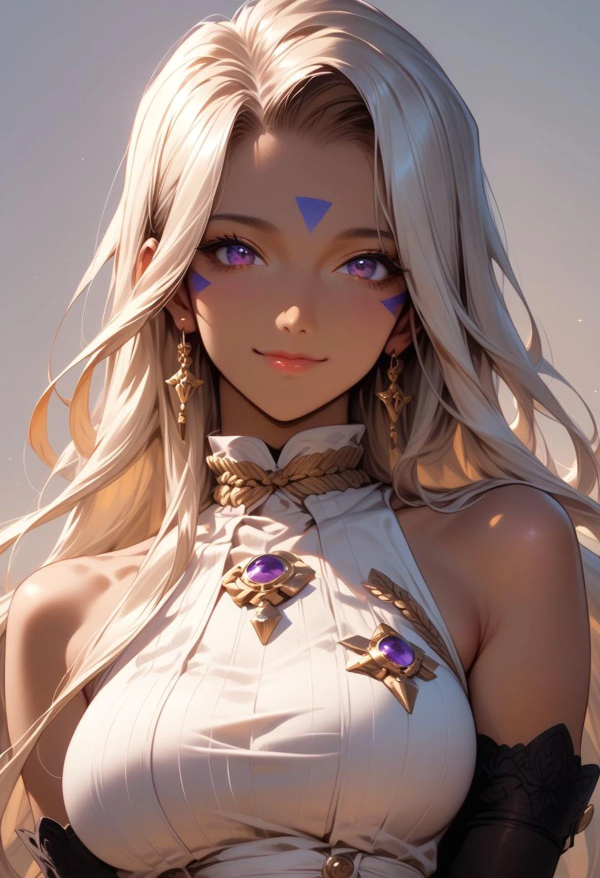 score_9, score_8_up, score_7_up, score_6_up, masterpiece, ultra detailed, best quality, source_anime, Expressiveh, zPDXL2, BREAK,1girl, smile, closed mouth, (Urd, dark-skinned female), large breasts, sleeveless dress, dress, purple eyes, golden choker, elbow gloves, jewelry, earrings, simple background, from front, portrait, upper body, (detailed face, detailed eyes), delicate features, soft lighting, warm colors