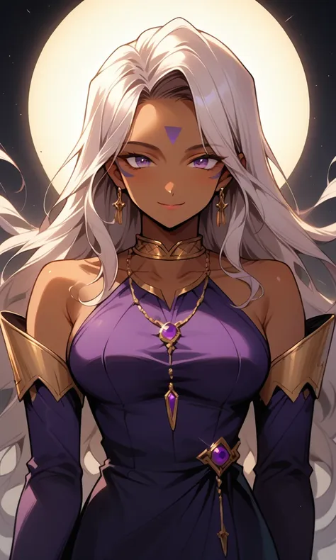 score_9, score_8_up, score_7_up, score_6_up, masterpiece, ultra detailed, best quality, source_anime, BREAK, 1girl, smile, closed mouth, Urd, dark-skinned female, large breasts, purple dress, golden trim, detached sleeves, golden choker, purple elbow gloves, cowboy shot, simple background, delicate features, soft lighting, warm colors, pastel colors