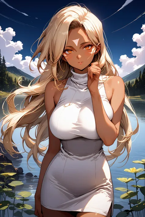 score_9, score_8_up, core_7_up, source_ANIME, 
uld, dark-skinned woman, long hair, huge breasts, sharp eyes, hand up, face tattoo
cowboy shot, 
white one-piece dress, turtleneck, off shoulder, bare arms, sleeveless, 
lake, 
<lora:Urd:0.7>,  <lora:urushihara-lora04_PonyXL:0.75>,  <lora:cnv3mdde878c738thn20:0.6>, <lora:anrakugai_xl4:0.6>