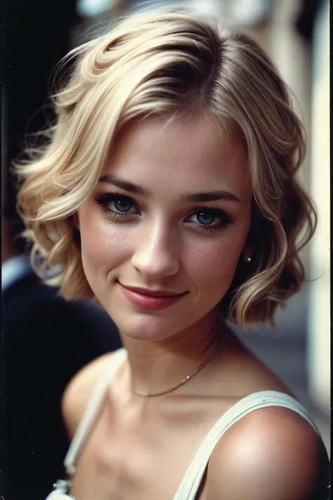 photo of (b3thb3hrs-135:0.99), closeup portrait, perfect blonde hair, hair upsweep updo, smiling, (vintage photo, dress), (polaroid frame), 24mm, ((tintype)), (analog, film, film grain:1.3), ((on a Paris street, night, gritty)), ((detailed eyes)), (sexy pose), (epicPhoto)