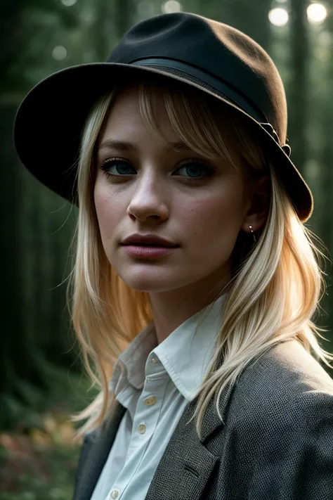 photo of beautiful (b3thb3hrs-135:0.99), a woman with perfect blonde hair, wearing Pale Yellow (Fitted Blouse, Bermuda Shorts:1.1), (A spooky, atmospheric forest at twilight:1.1), (closeup portrait), modelshoot style, (extremely detailed CG unity 8k wallpaper), professional majestic photography, (Leica M6 Camera), 24mm, exposure blend, hdr, faded, extremely intricate, High (Detail:1.1), Sharp focus, dramatic, soft cinematic light, (looking at viewer), (detailed pupils), 4k textures, elegant, ((((cinematic look)))), soothing tones, insane details, hyperdetailed, low contrast, (epicPhoto)