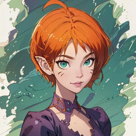 solo,1girl,pixie cut,orange hair,ahoge,short hair,green eyes,tiger tail,pointy ears,facial mark,
light smile,<lora:Katt_BOFII:1>,KATT,purple top,, perfect, anisotropic filtering, masterpiece, best quality, absurdres, hires, (perfect anatomy:1.10), (hyper-detailed:1.10), highres, intricate detail, (masterpiece:1.1), best quality, ultra-detailed, highly detailed, high quality, extremely detailed 8k,