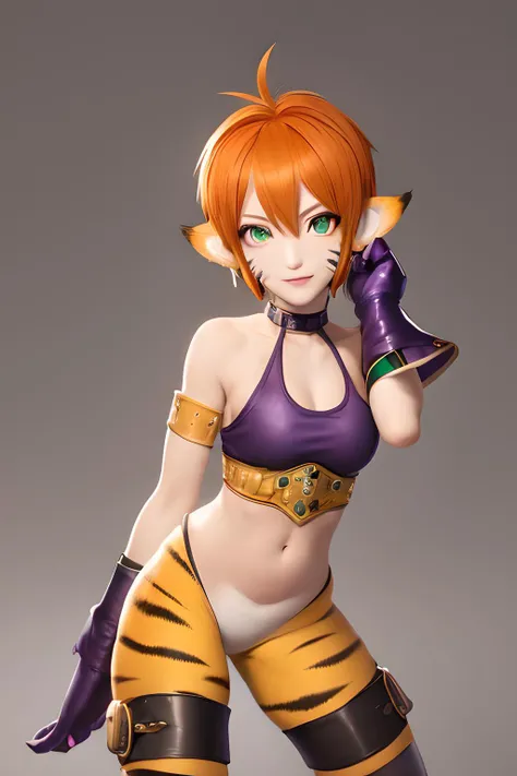 <lora:Katt_BOFII-10:.8> katt, furry female, animal ears, pointy ears, tail, orange hair, short hair, purple bustier, gloves, green eyes, facial mark, no pants