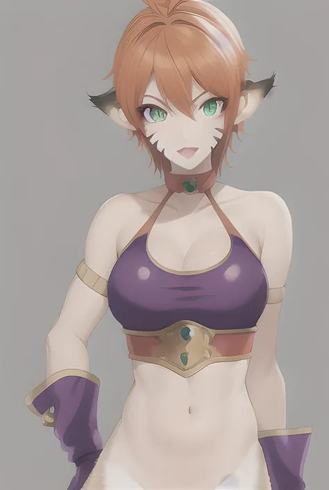 <lora:Katt_BOFII-10:.8> katt, furry female, animal ears, pointy ears, tail, orange hair, short hair, purple bustier, gloves, green eyes, facial mark, no pants