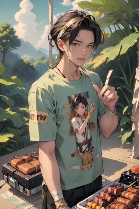 <lora:TapeWorld:1> (TapeWorld:1.25) (man tshirt with barbeque grill:1.3)