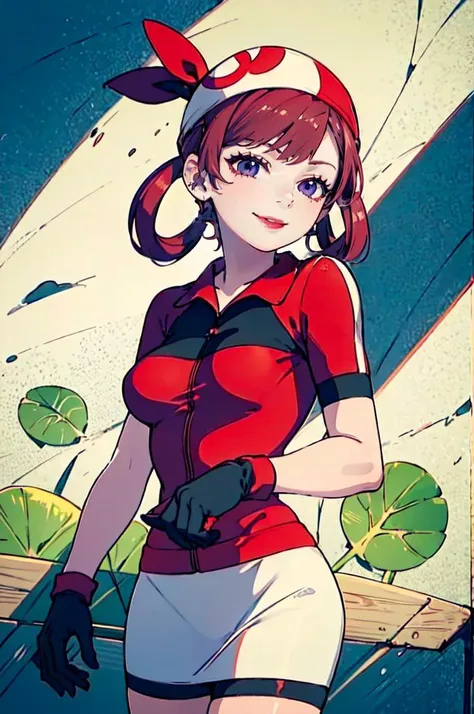 <lora:may_outfit:0.7> may_outfit, red bandana, red shirt, collared shirt, bike shorts, white skirt, miniskirt, gloves, fanny pack,, ultra detailed, masterpiece, best quality, aesthetic, detailed,, solo, seductive smile, red lips,
1girl, purple eyes, red hair, blunt bangs, medium breasts, <lora:hair_rings:1> low hair rings, <lora:EllaNyan:1>,