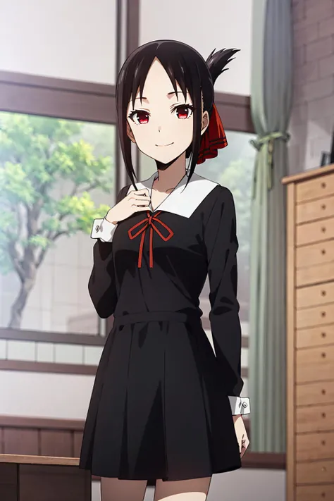 best quality, (masterpiece:1.2), detailed,
<lora:chara_Kaguya-samaWaKokurasetai_ShinomiyaKaguya_v1:0.8>, shinomiya kaguya,
1girl, solo, closed mouth, light smile,
black hair, red eyes, short hair, folded ponytail, hair ribbon,
school uniform, black dress, long sleeves, red ribbon,
standing, looking at the viewer,
classroom