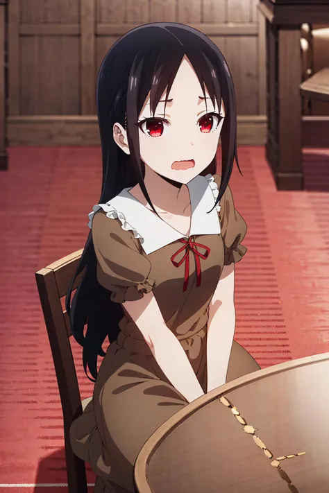 best quality, (masterpiece:1.2), detailed,
<lora:chara_Kaguya-samaWaKokurasetai_ShinomiyaKaguya_v1:0.8>, shinomiya kaguya,
1girl, solo, open mouth, wavy mouth,
black hair, red eyes, hair down, long hair,
brown dress, puffy sleeves, short sleeves, red ribbon,
sitting, table, chair, looking at the viewer,
indoors