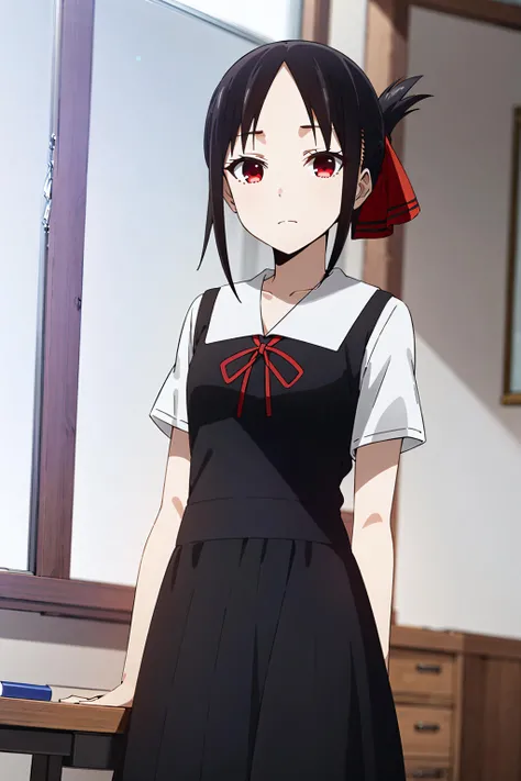 best quality, (masterpiece:1.2), detailed,
<lora:chara_Kaguya-samaWaKokurasetai_ShinomiyaKaguya_v1:0.8>, shinomiya kaguya,
1girl, solo, closed mouth,
black hair, red eyes, short hair, folded ponytail, hair ribbon,
(summer uniform:1.2), short sleeves, black dress, red ribbon, white shirt, white sleeves,
standing, looking at the viewer,
classroom