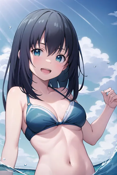 best quality, (masterpiece:1.2), highly detailed,
ocean, water, splash,
<lora:chara_Eromanga-sensei_TakasagoTomoe_v1:0.8>, takasago tomoe, upper body,
1girl, solo, standing, looking at the viewer, open mouth, smile,
black hair, long hair, blue eyes, medium breasts,
blue bikini