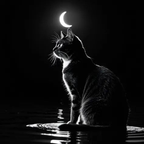 <lora:jun:1>, star (sky), water, dark, 1cat, sun, solo, black background, monochrome, gradient sky, star (sky), moon, cat, (sharp forcus, highly detailed, 4k, 8k, best quality, masterpiece, ultra highres:1)