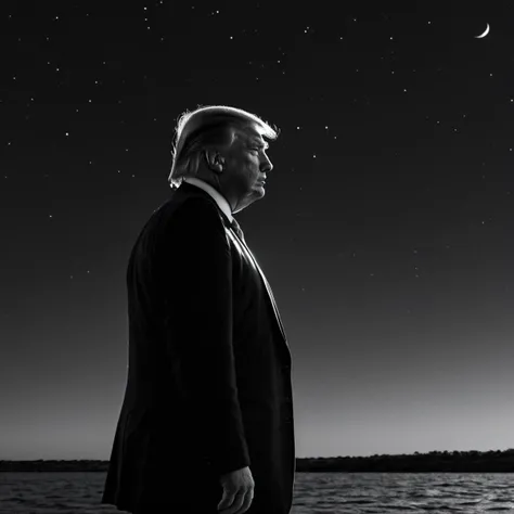 <lora:jun:1>, star (sky), water, dark, 1boy, sun, solo, black background, monochrome, gradient sky, star (sky), president donald trump looking away, (sharp forcus, highly detailed, 4k, 8k, best quality, masterpiece, ultra highres:1)