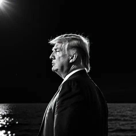 <lora:jun:1>, star (sky),water, dark, 1boy, sun, solo, black background, monochrome, gradient sky, star (sky), president donald trump looking away, (sharp forcus, highly detailed, 4k, 8k, best quality, masterpiece, ultra highres:1)
