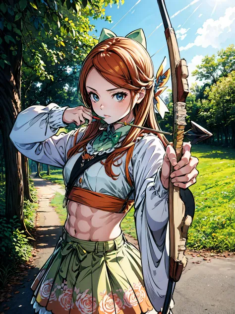 (upper body shot), (masterpiece), (best quality:1.0), (ultra highres:1.0), highly detailed face and eyes
BREAK
<lora:Etie_1024:0.7> etie,
croptop, long sleeves, floral print, bowtie, frills, skirt, ribbon belt, thighhighs,
<lyco:Saya-drawing bow, drawing bow:0.6> (drawing bow:1.2), bow, arrow
<lora:more_details:0.5>
BREAK
forest, archery range