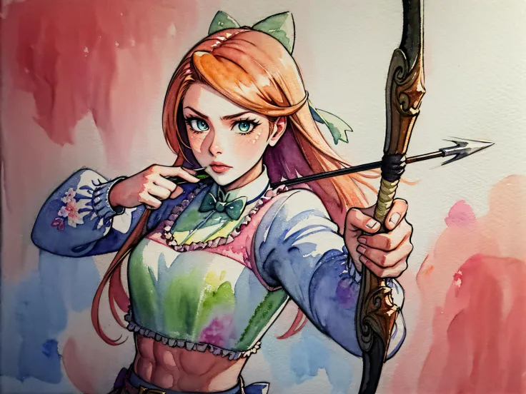 (upper body shot), (masterpiece), (best quality:1.0), (ultra highres:1.0), highly detailed face and eyes, (watercolor:1.5), brush strokes, vibrant colors
BREAK
<lora:Etie_1024:0.7> etie,
croptop, long sleeves, floral print, bowtie, frills, skirt, ribbon belt, thighhighs,
<lyco:Saya-drawing bow, drawing bow:0.6> (drawing bow:1.2), bow, arrow
<lora:more_details:0.5>