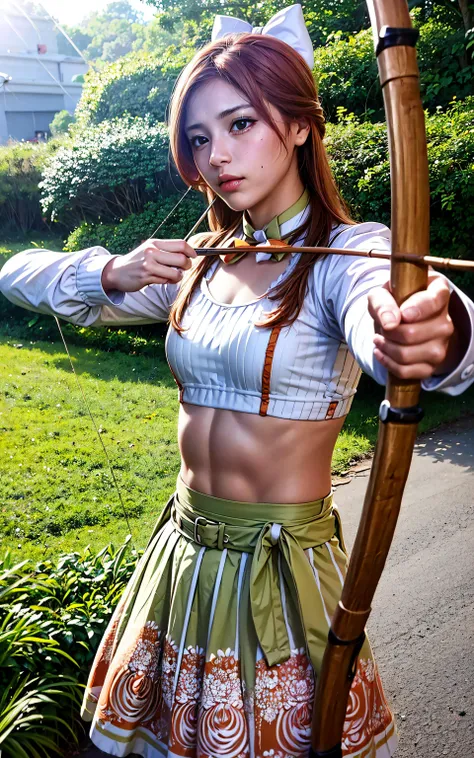 (upper body shot), (masterpiece), (best quality:1.0), (ultra highres:1.0), highly detailed face and eyes
BREAK
<lora:Etie_1024:0.7> etie,
croptop, long sleeves, floral print, bowtie, frills, skirt, ribbon belt, thighhighs,
<lyco:Saya-drawing bow, drawing bow:0.6> (drawing bow:1.2), bow, arrow
<lora:more_details:0.5>
BREAK
forest, archery range