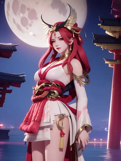 <lora:WZRYbuzhihuowuFYX_20230805140314:0.8>,1girl, mature female, cityscape, night, looking at viewer, WZRYbuzhihuowuFYX,japanese clothes, white short skirt,rope, hair ornament, moon,red eyes, arms behind back,