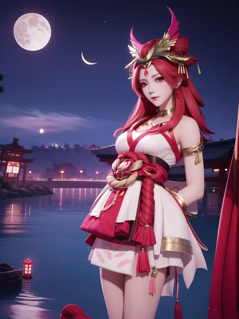 <lora:WZRYbuzhihuowuFYX_20230805140314:0.8>,1girl, mature female, cityscape, night, looking at viewer, WZRYbuzhihuowuFYX,japanese clothes, white short skirt,rope, hair ornament, moon,red eyes, arms behind back,