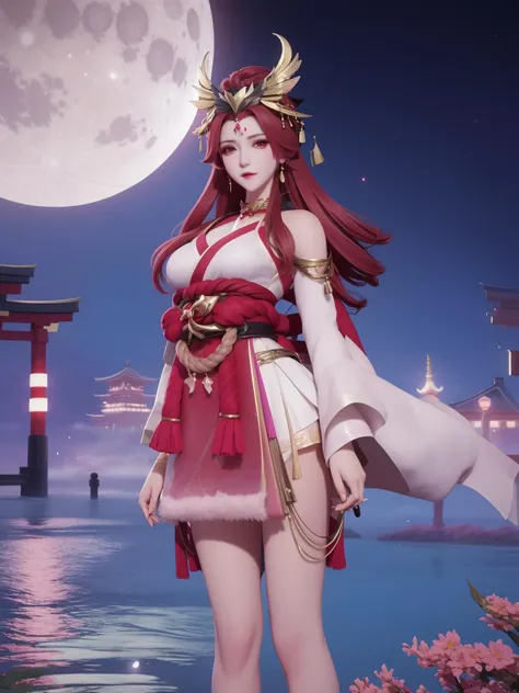 <lora:WZRYbuzhihuowuFYX_20230805140314:0.8>,1girl, mature female, cityscape, night, looking at viewer, WZRYbuzhihuowuFYX,japanese clothes, white short skirt,rope, hair ornament, moon,red eyes, arms behind back,