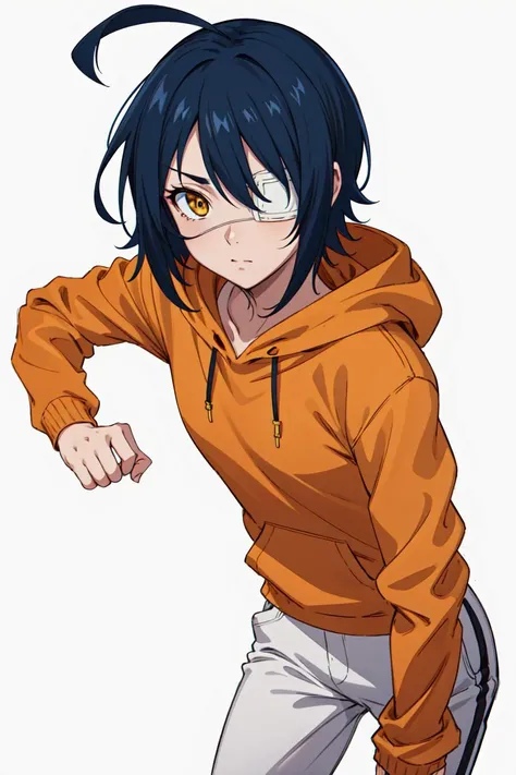 masterpiece, best quality, high quality, highres, absurdres, ultra-detailed, best anatomy, detailed eyes, perfect eyes, slim body, slim legs, akito_agito, short hair, yellow eyes, eyepatch, blue hair, 1girl, solo, orange hoodie, baggy pants, white pants, very small breasts, black sneakers, upper body, portrait, Pretending to play a tennis shot, <lora:akito:0.8>