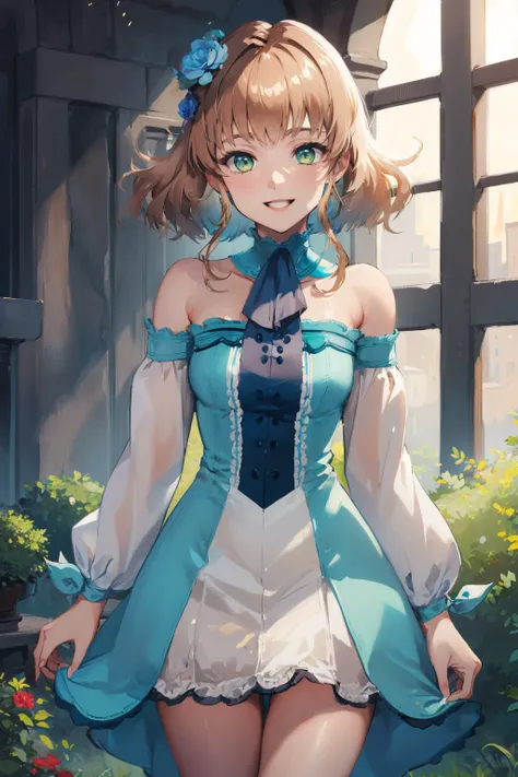 (masterpiece, best quality:1.2), <lora:talesoftheabyss_kimlasca-lanvaldear-10:1>, cowboy shot, solo, 1girl, natalia lkl, smile, looking at viewer, hair flower, dress, bare shoulders