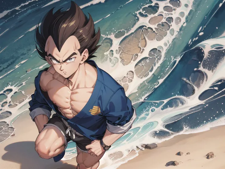 gorgeous portrait of solo 1boy vegeta standing on Okinawa's beach, hawaiian shirt, muscular, navy shorts, masterpiece by Toriyama Akira , caustics, breathtaking, (solo) <lora:vegetaDragonBallZ_v10:0.75>