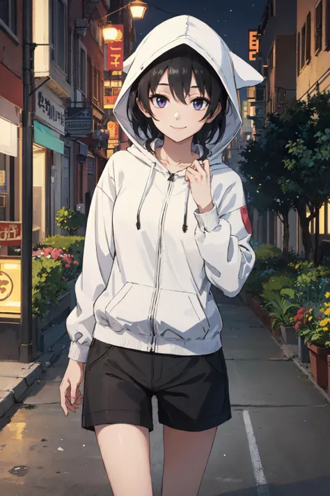 (masterpiece, best quality:1.2), <lora:agk_charpack-10:1>, solo, 1girl, kurome, smile, looking at viewer, hood up, hooded jacket, black shorts, cityscape, street