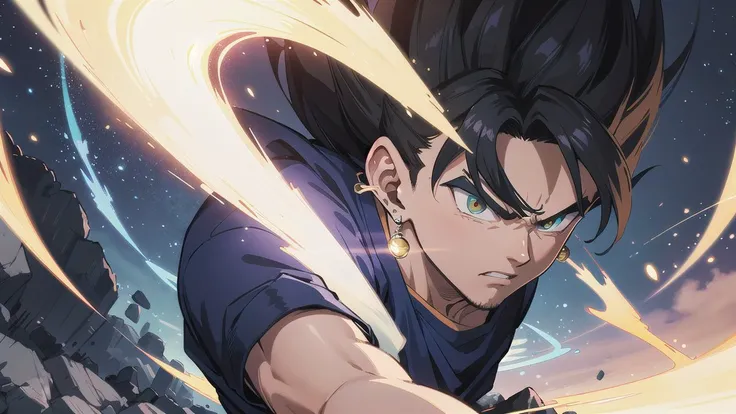Breathtaking close-up scene of vegetto fighting on planet Namek by Makoto Shinkai, 1boy, <lora:SD_15vegettoDragonBallZ_v10:0.5>