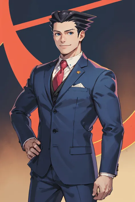 (masterpiece, best quality:1.2), <lora:aa_dp-11:1.0>, cowboy shot, solo, male focus, 1boy, phoenix wright, smile, looking at viewer, hand on hip, black spiked hair, formal, blue suit, necktie