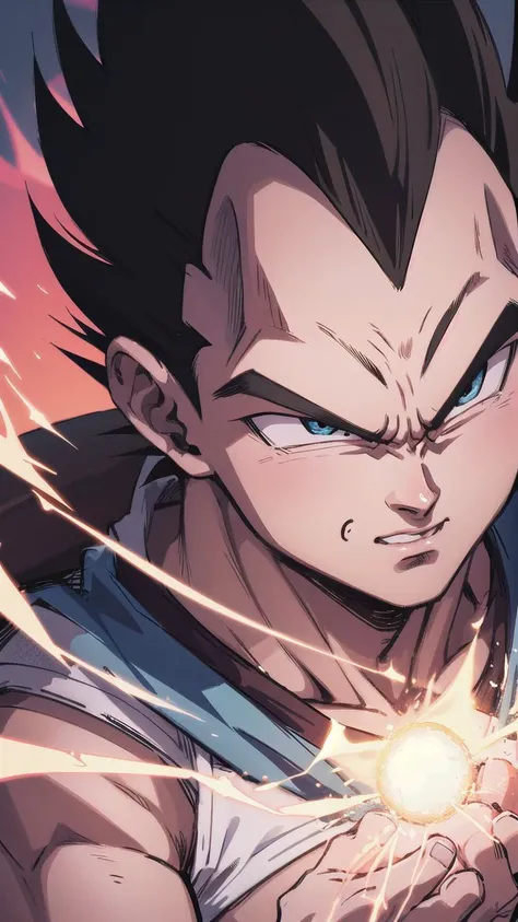 Breathtaking  close-up portrait of vegeta charging a kamehameha by Toriyama Akira, 1boy,   <lora:vegetaDragonBallZ_v10:0.5>