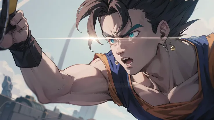 Breathtaking close-up scene of vegetto fighting on planet Namek by Makoto Shinkai, 1boy, <lora:SD_15vegettoDragonBallZ_v10:0.7>