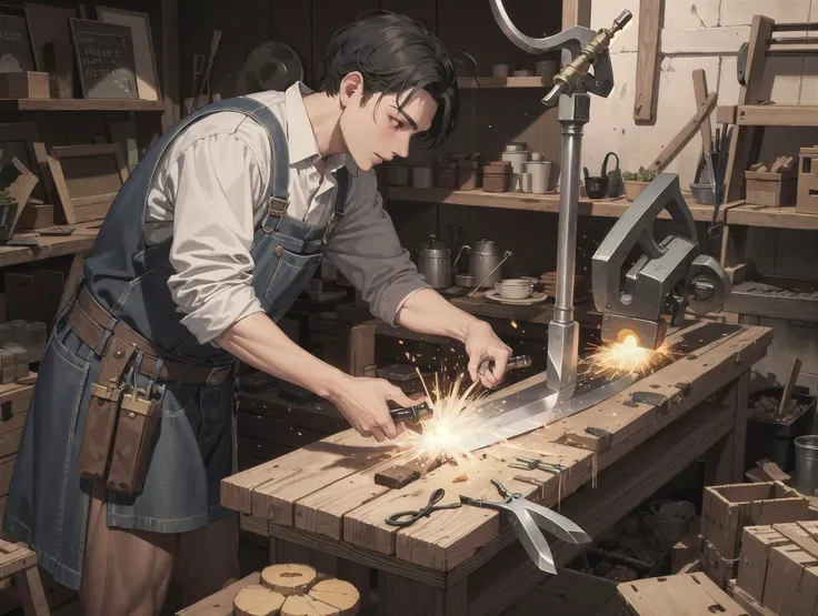 A blacksmith making a knife on an anvil,hittng hammer, (anvil:1.2), blacksmith, sparks, caustics, vibrant colors