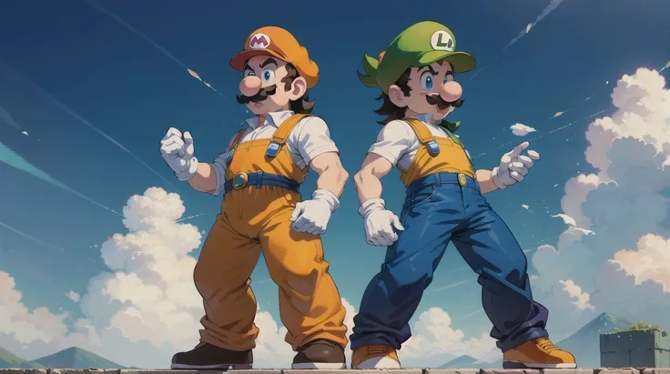 Mario and Luigi as dragonball characters in the style of Makoto Shinkai  <lora:epiNoiseoffset_v2:1>