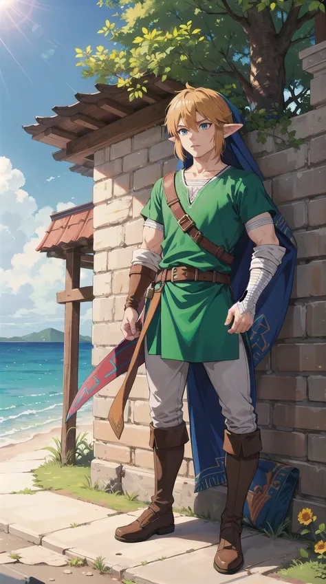 masterpiece full-body shot of Link in Hyrule, caustics, anime