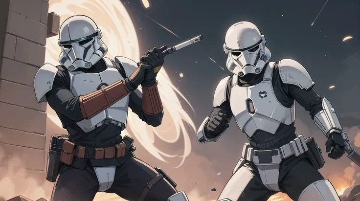 Masterpiece shot of Din Djarin the Mandalorian fighting storm troopers on tattooine at night in the style of Eiichiro Oda
