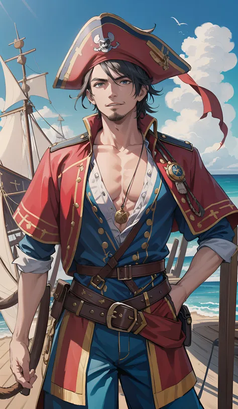 A swashbuckling portrait of a pirate captain, standing proudly on the deck of his ship, with the rolling sea and clear blue sky behind him. He's dressed in a flamboyant, colorful outfit, complete with a feathered hat, billowing shirt, and a red sash around his waist. A cutlass hangs from his belt, and a flintlock pistol is tucked into his waistband, ready for action. His face is weathered and rugged, with a confident smirk on his lips, capturing the daring and adventurous spirit of a seasoned pirate. In the background, a magnificent pirate ship with tattered sails and a full crew of ragtag buccaneers completes the scene, evoking the excitement and danger of a high-seas adventure. The overall mood is one of adventure and excitement, capturing the thrill of life on the high seas as a notorious pirate.