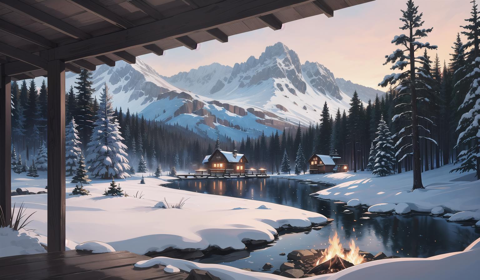 Snowy cabin with a fire in the middle of the snow covered ground ...