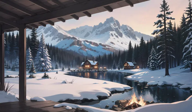 A composition of a cozy, rustic cabin nestled in a snowy mountain valley, surrounded by a forest of tall evergreens. The cabin is made of dark, weathered wood, with a smoking chimney and a warm light emanating from the windows. A small creek runs nearby, and a wooden bridge crosses over it. The snow-covered mountains loom in the background, with their jagged peaks visible in the distance. The overall atmosphere is one of comfort and tranquility, inviting the viewer to imagine curling up by the fire with a good book and a warm drink.