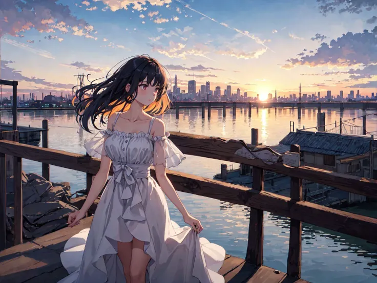 anime masterpiece as the sun sets over the horizon, the sky transforms into a canvas of warm oranges, pinks, and purples. The city skyline in the distance stands tall and proud, its skyscrapers reaching towards the heavens. The water of the nearby river reflects the colors of the sky, creating a stunning mirror image. The subject of the image is a woman, standing on a bridge overlooking the river. She is dressed in a flowing dress, her hair blowing in the wind. The composition of the scene is perfect, with the woman standing in the center of the bridge, the city skyline in the distance, and the river flowing gracefully below. The lighting is soft and flattering, casting a warm glow over the scene. The colors are vibrant and rich, creating a sense of wonder and awe. The emotion the image should convey is a sense of peacefulness and tranquility, as the woman takes in the beauty of the world around her.